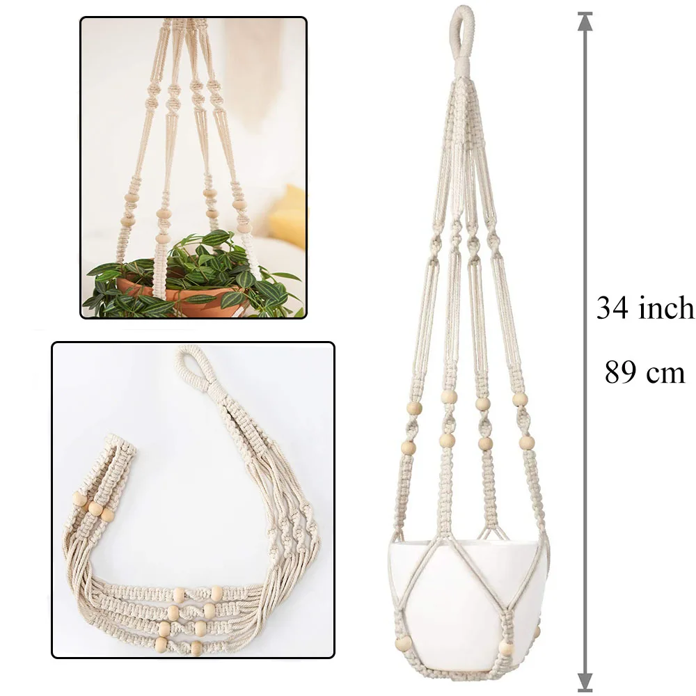 2pcs Handmade Macrame Cotton Rope Plant Hanger  with Beads, Hanging Planters for Indoor Outdoor Boho Home Decor, 35 Inch (89cm)