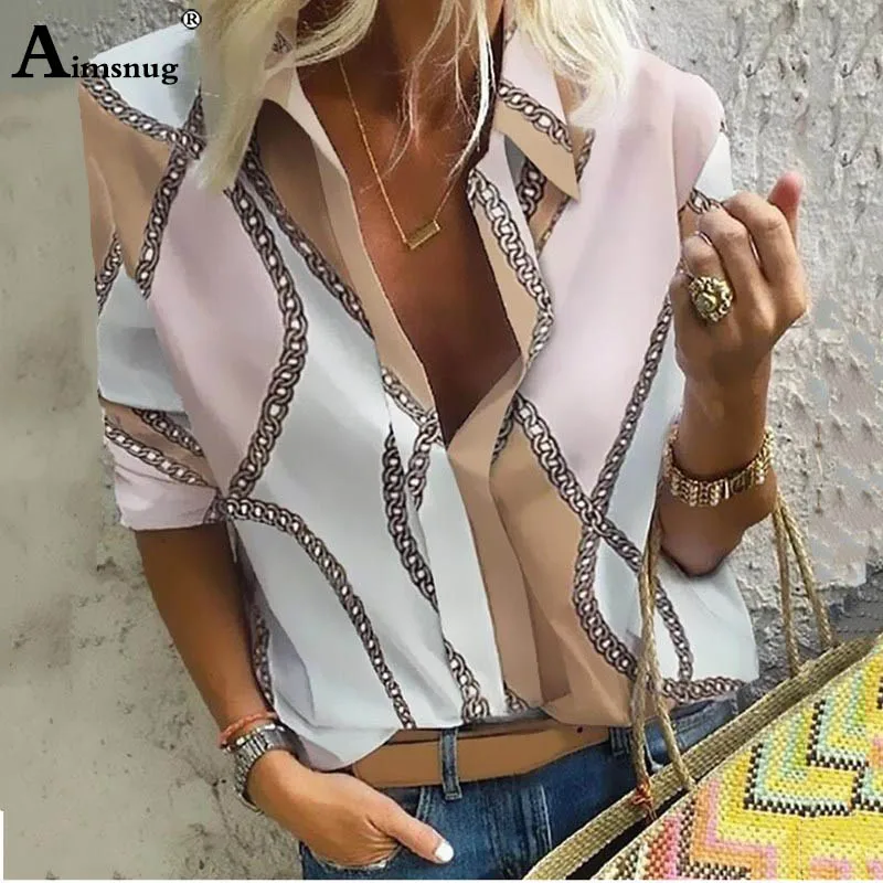 pink Большие размеры 4xl 5xl Осенняя женская блузка для отдыха топы с цепным принтом Офисная Женская рубашка блузка с длинным рукавом blusas mujer de moda - Цвет: pink