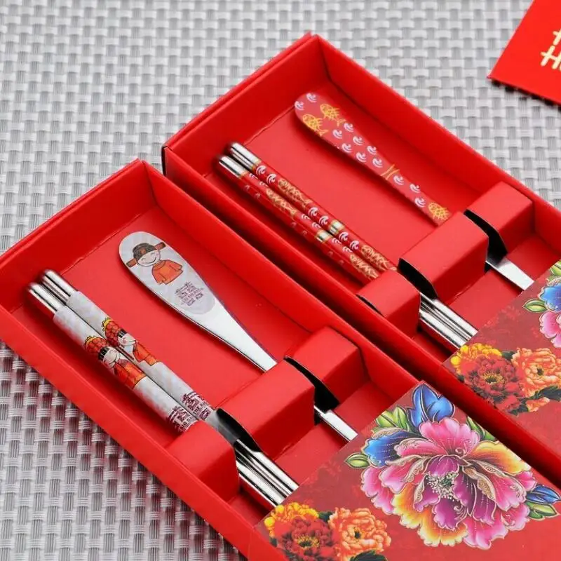 Wedding Party Gifts Double Happiness Red Color Stainless Steel Dinnerware Spoons Chopstick Sets LX8288