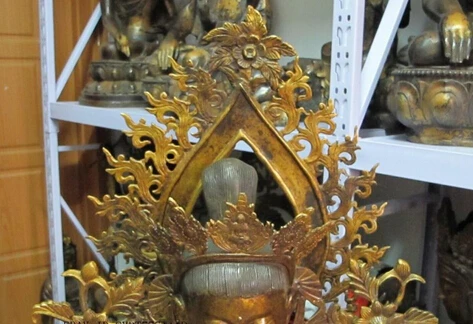 001857 5" Тибетский буддизм Бронзовая позолота Хризантема спинка Quan yin Kwan-yin статуя