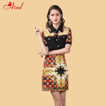 

Designer 2020 Women Spring Summer Short sleeve Lapel Blouse + Mini Skirt Crystal sequins Lattice Print Elegant New 2 Piece Set