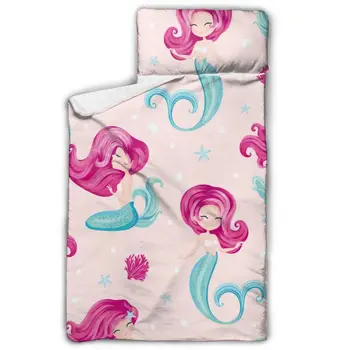 

Toddler Rolled Nap Mat Pad Anti-kick Quilt Artifact with Removable Pillow Cute Pink Mermaid Pattern Baby Sleeping Bag