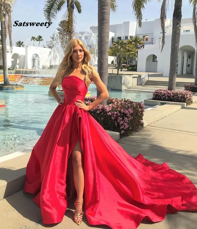 Sexy Strapless Side Slit Red Satin Long Prom Dresses with Train Vestidos Elegantes Formal Evening Dresses Long Abendkleider
