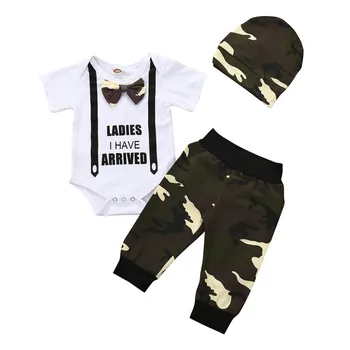 

Summer Baby Boy Clothes Sets Infant Boys Cotton Short Sleeve Romper + Camouflage Pants + Hat 3PCS Clothing Suit 2020 Newest
