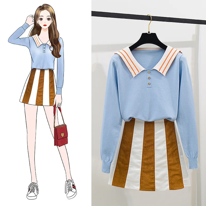 

Fashion Scheming Set Navy Collar Knit Low Waist Jersey Outer Wear Stripe Spell Color Skirt A- line Skirt Women's Fashion
