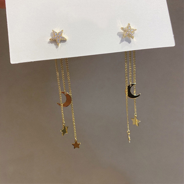 Trendy Korean Crystal Star Moon Dangle Earrings For Women Exquisite Flowers Long Tassel Earring Girl Party Jewelry Gifts