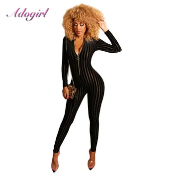 

Adogirl Sexy Sheer Mesh Striped Night Party Clubwear Jumpsuit Casual Autumn Zipper Up Long Sleeve Street Rompers Outfit Overalls