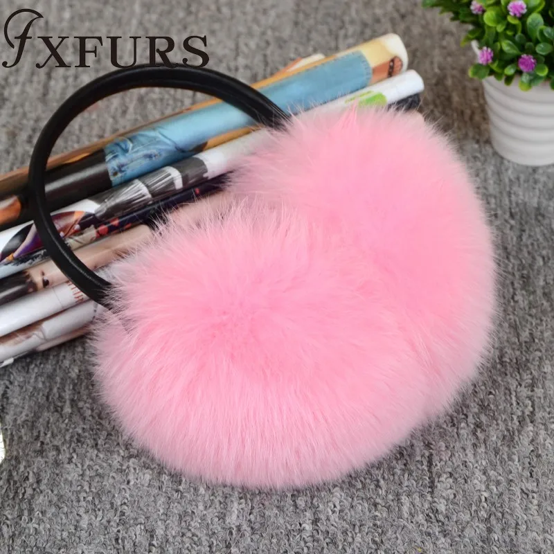 pink FXFURS новые модные милые объемные наушники из лисьего меха теплые меховые наушники из натурального меха с кожаной полкой для женщин защита для ушей зима - Цвет: pink