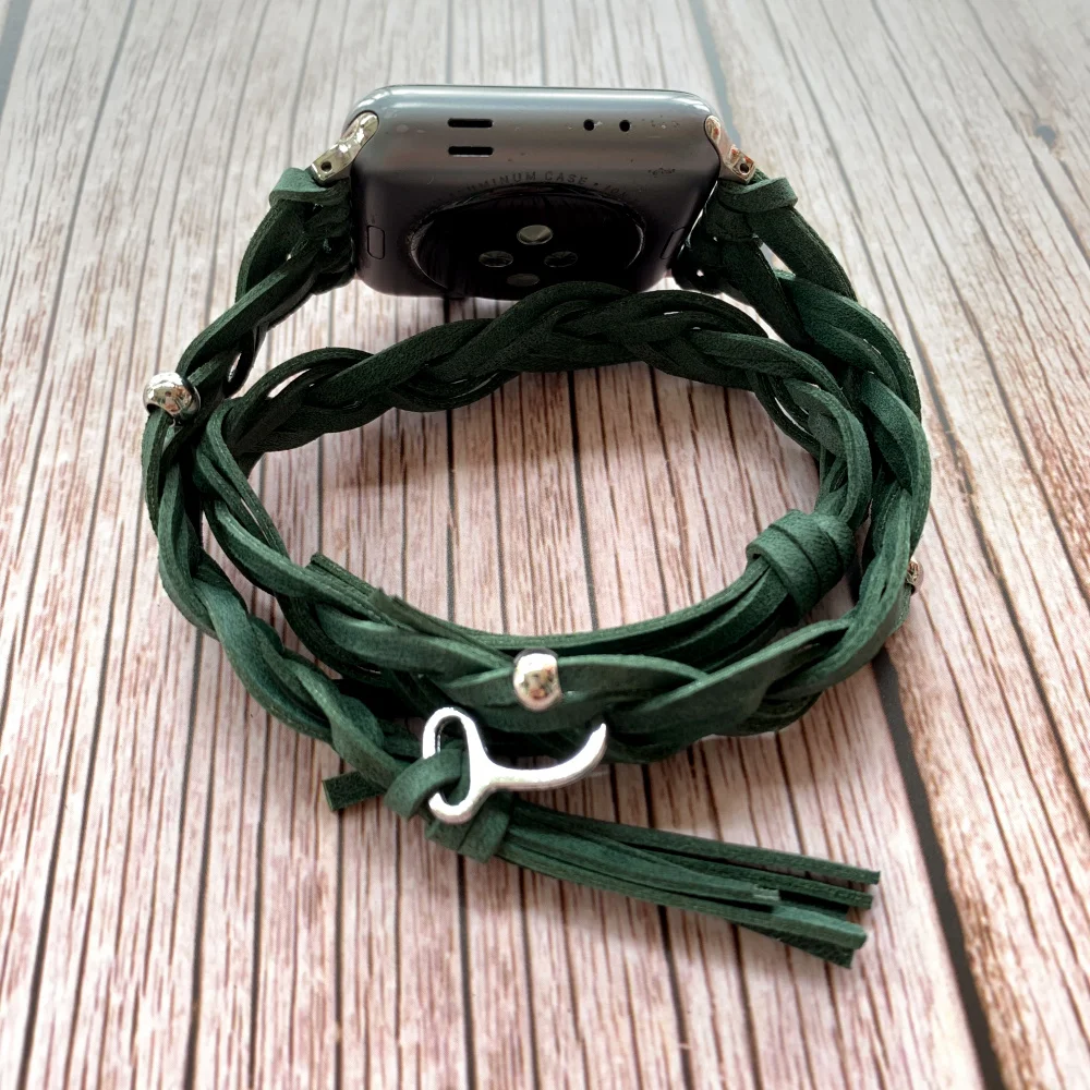 Handmade Woven Leather Woman Loop Bracelet For Apple Watch Band 38mm 42mm 40mm 44mm iWatch Strap Series 1/2/3/4/5/6/SE | Наручные часы