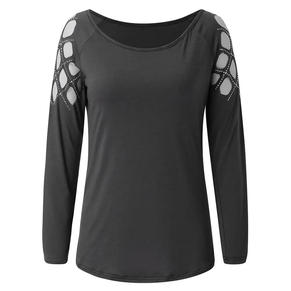 grey Женские черные топы для отдыха размера плюс 4xl 5xl с жемчужинами и бусинами, женская футболка с длинным рукавом и круглым вырезом, осенняя повседневная женская футболка - Цвет: grey