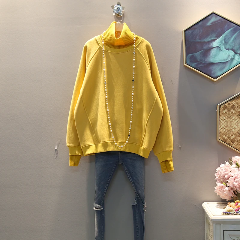 [EWQ] Autumn Winter New Pattern Turtleneck Collar Long Sleeve Fake Two Piece Pullvoeres Streetwear Sweatshirt Women AH92414 - Цвет: yellow