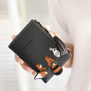 

2019 NEW Women Cute Animals Embroidery Fashion Simple Embroidery lovely fox zipper Short Money Wallet Billfold Purse mujer