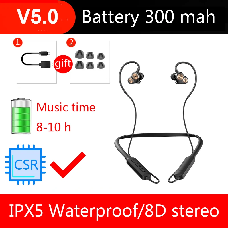 CBAOOO DT05 V5.0 беспроводные Bluetooth наушники 8D стерео гарнитура шейные спортивные наушники бас наушники с микрофоном для всех телефонов - Цвет: usage time 10H