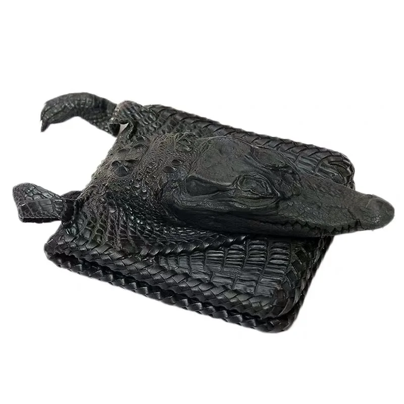 

Authentic Real Crocodile Head Skin Men's Short Bifold Wallet Card Holders Genuine Alligator Leather Male Small Clutch Wallet