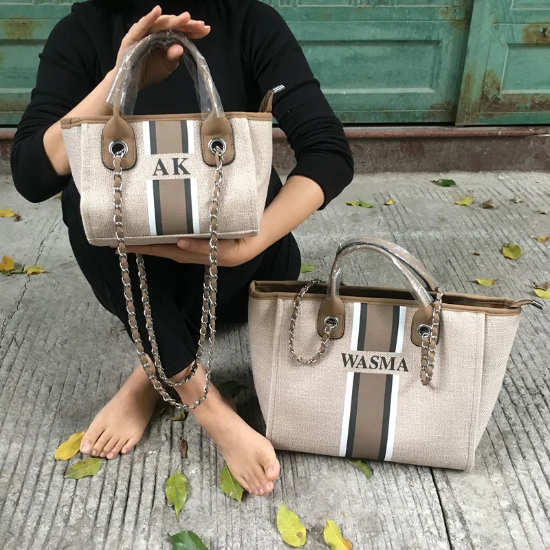 Personalized Monogram Beach Tote Bag Canvas Customised Stripe Initials Chain Handbag Monogrammed Market Bag Shopping Jutes
