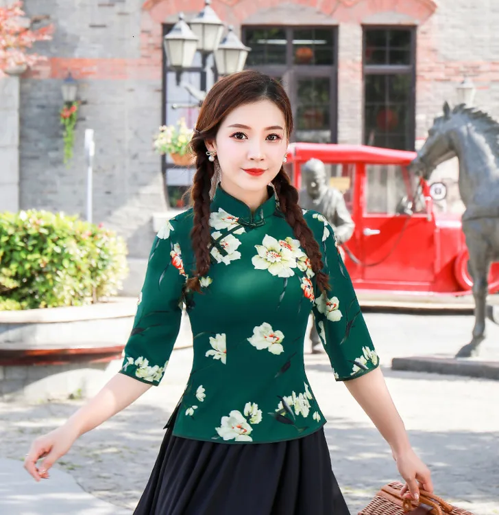 S-4XL китайские красные рубашки, женская блузка в китайском стиле Hanfu винтажные рубашки топы Ципао Шанхай элегантная осенняя одежда guzheng