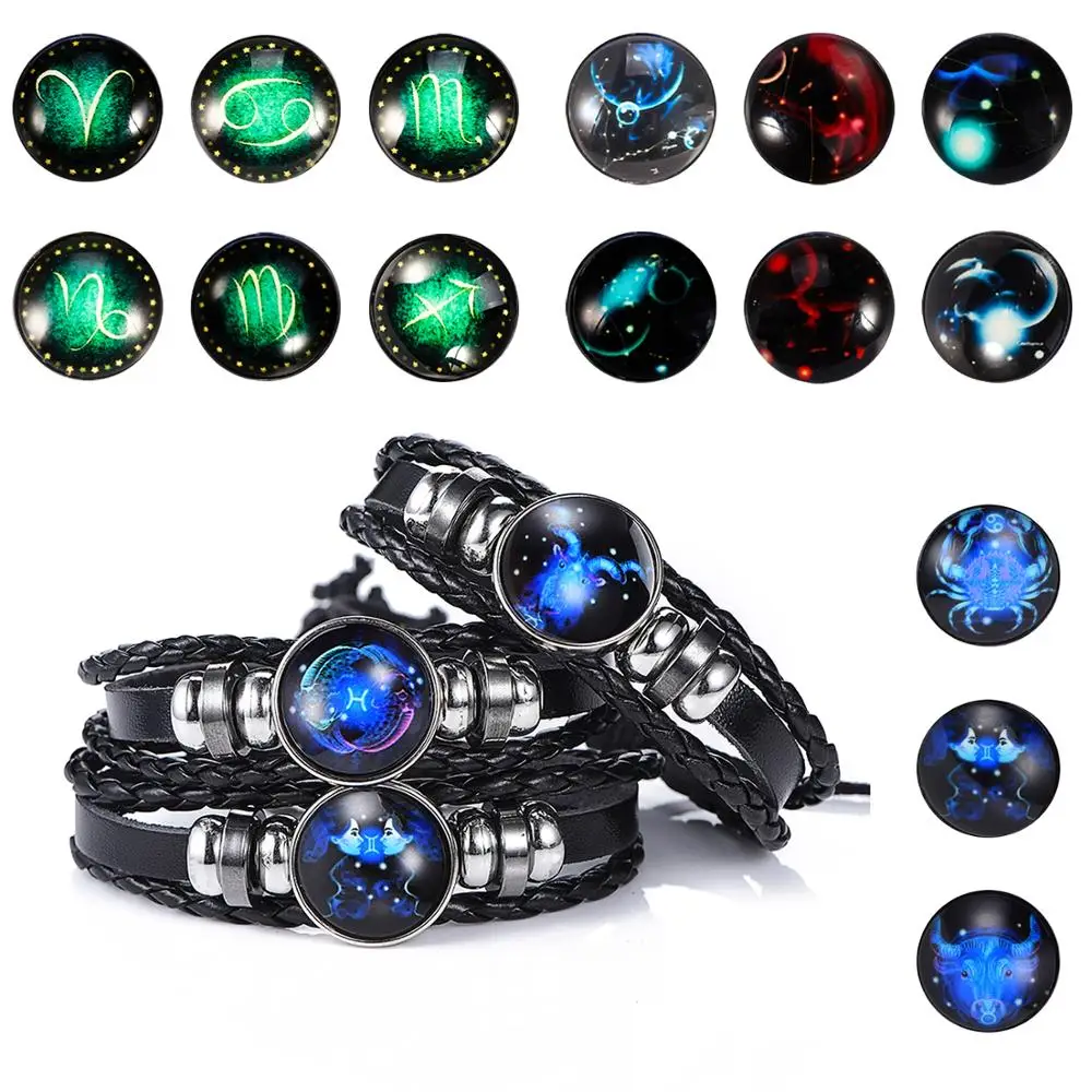 Pulsera de cuero con diseño del zodiaco, brazalete de cuero negro trenzado, con diseño de las constelaciones de los signos del zodiaco, para hombres y mujeres