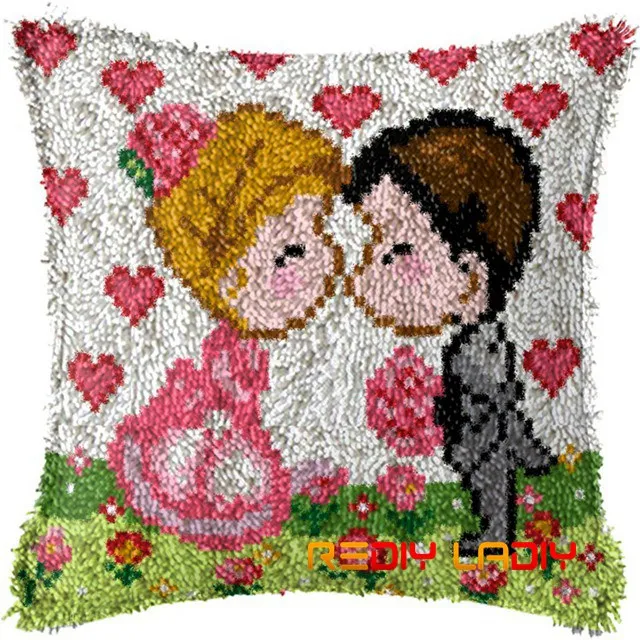 Latch Hook Kits Wedding Kiss Cushion Cover Pre-Printed Canvas DIY Yarn Crochet Crafts Pillow Case Size 43x43cm Sofa Bed Pillows - Color: BZ811