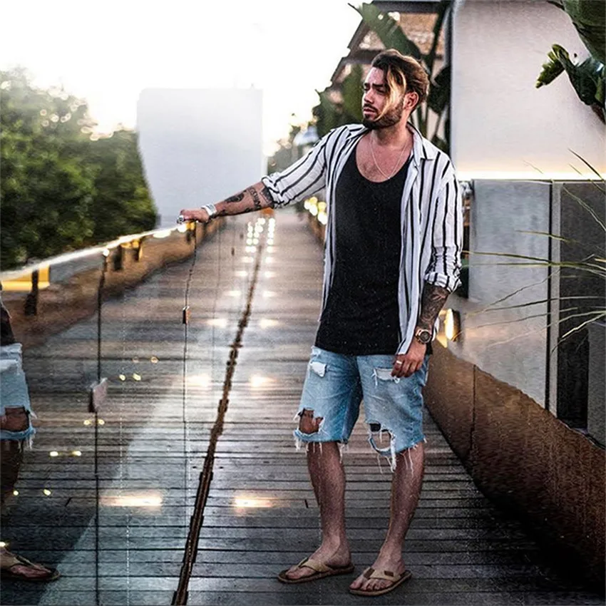 Fashion Men Shirts Slim Fit V Neck Top Long Sleeve Muscle Shirt Casual Tops Fashion Striped 5