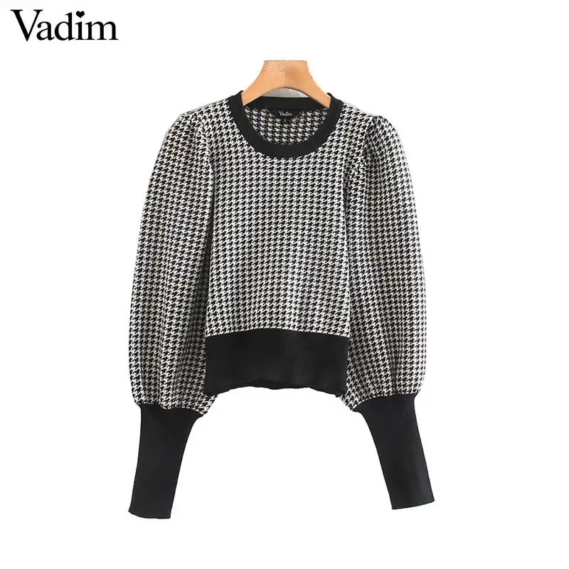 Vadim women elegant plaid houndstooth knitted sweaters long sleeve stretchy pullovers retro female vintage casual tops HA592 |
