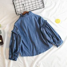 Новая стильная Осенняя джинсовая Блуза для девочек Детская рубашка в Корейском стиле с вышитыми цветами детский топ с кружевным воротником