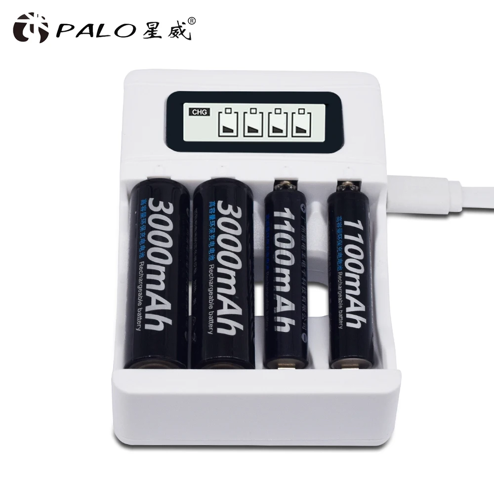 PALO lcd Smart USB зарядное устройство для AA AAA Ni-CD Ni-MH аккумуляторов+ 4 шт 1100mAh 1,2 V AAA перезаряжаемые батареи