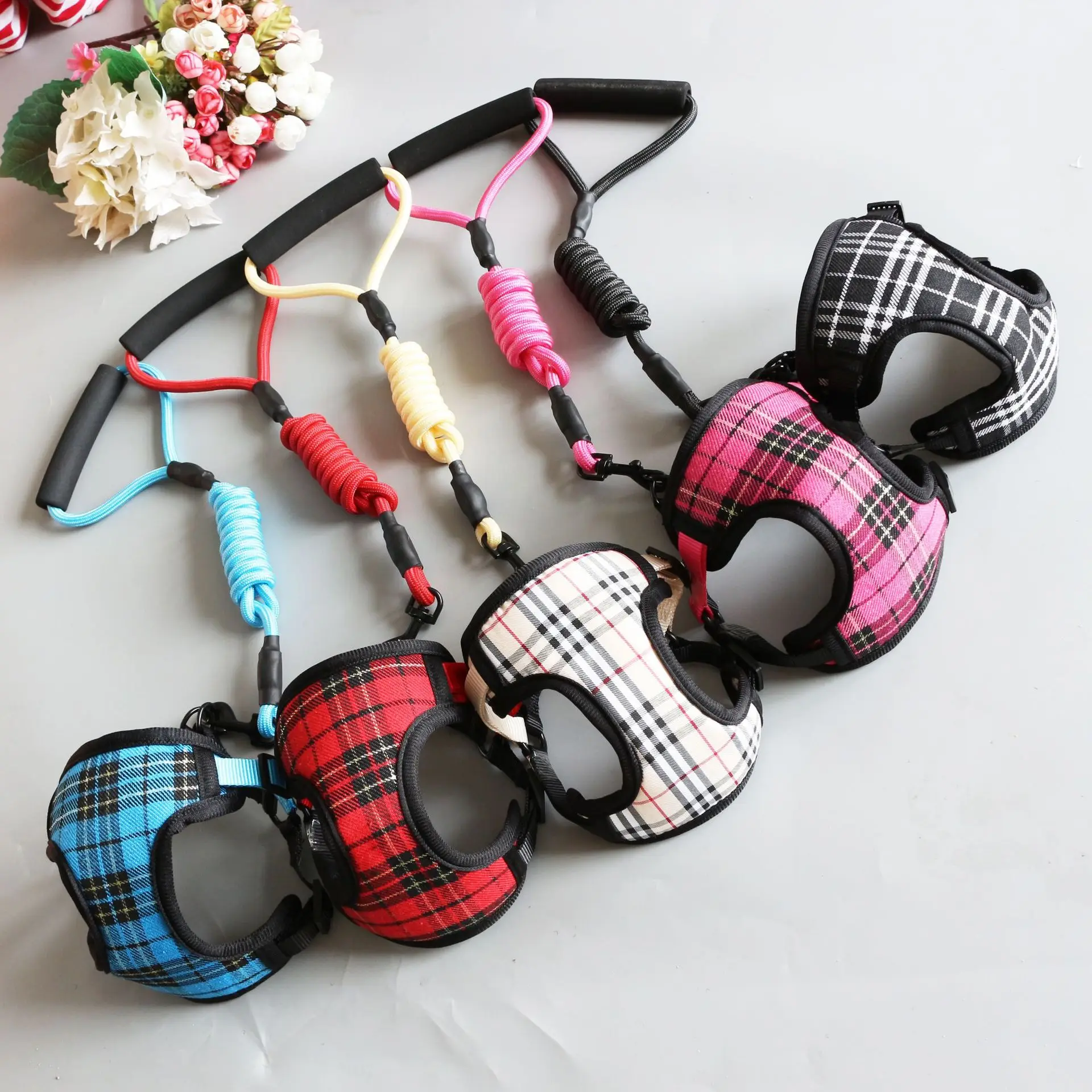 Small Dog Harness and Leash Set Breathable Adjustable plaid Pet Vest