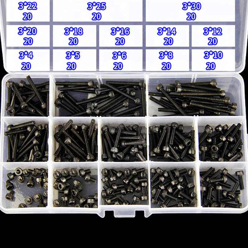 New 260 Pcs M3 M4 M5 M6 M8 M10 Steel Hexagon Socket Head Cap Screws Hex Socket Screw Metric Bike Screw