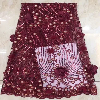 

New Arrival 2020 Wine African Lace Fabric Textile High Quality Beads Mesh Tulle Sequin Lace Fabric Nigerian Wedding Party Lace