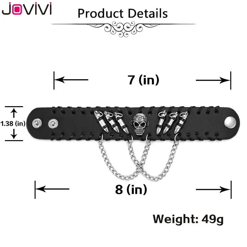 Jovivi 1x мужской металлический Байкер черный широкий Пуля Череп Спайк цепь из коровьей кожи браслет в стиле панк-рок регулируемый браслет