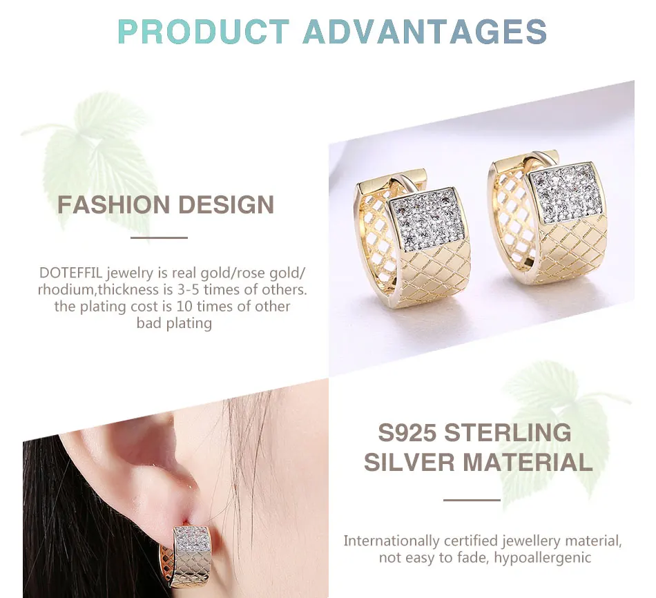 DOTEFFIL 925 Sterling Silver Square Lattice AAA Zircon 18K Gold Earrings Fashion Woman Wedding Engagement Party Gift Jewelry