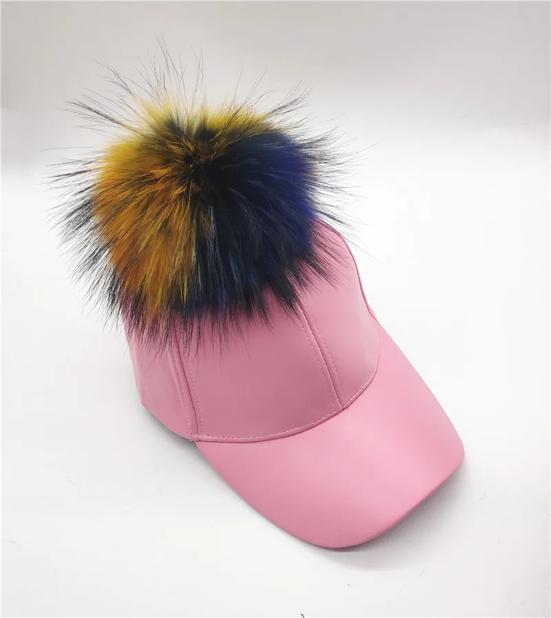 pink Новинка, женская шапка со съемным натуральным мехом енота, с помпонами, Snapback, осенняя, для взрослых, для мужчин, повседневная, искусственная кожа, бейсболка - Цвет: pink