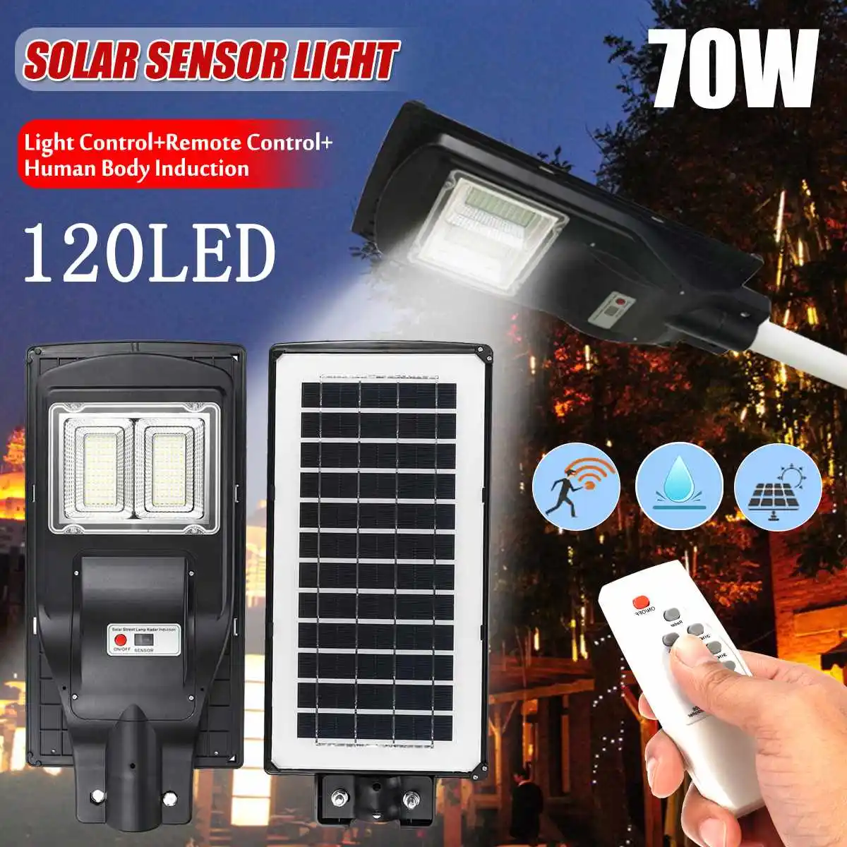 

Becorce 70W IP67 Waterproof LED Light Control+Remote Control+PIR Human Body Induction Solar Street Light Garden Park Lamp