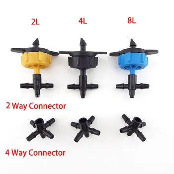 

20/50pcs Adjustable Flow Pressure Compensating Dripper 2L 4L 8L Emitter Shunt Irrigation Dripper With 4 Way 3/5mm Hose Connecter