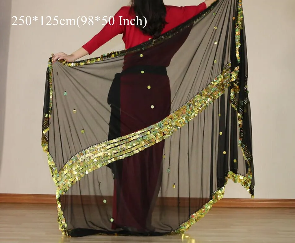 Танец живота малайский шарф большой размер брошенный шарф Sequine украшенный реквизит для сцены черные Серебряные вуали для танцев - Цвет: as picture