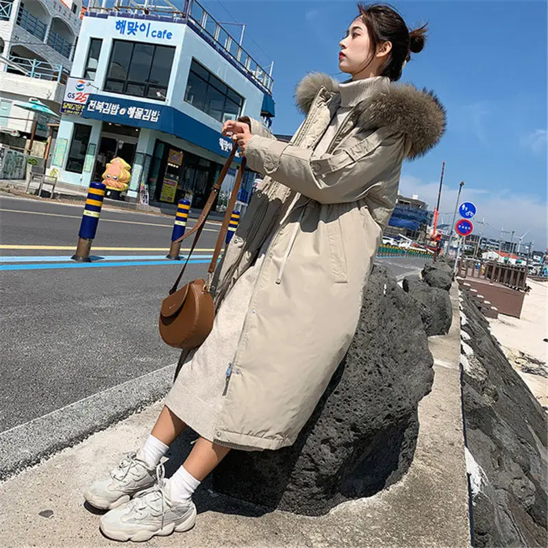 Зимнее пальто для женщин с большим меховым воротником, с капюшоном, Длинная утепленная куртка, Корейская стеганая парка, негабаритная армейская парка V931