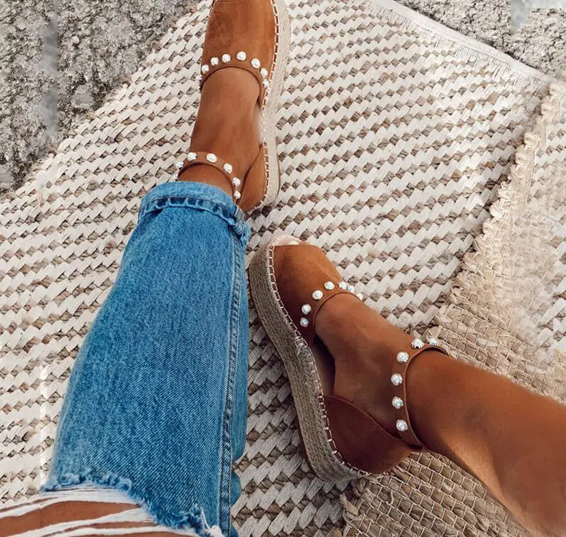 

2019 summer platform wedge sandals ladies comfortable pearl fish mouth braided sandals women models causal high heels open toe l