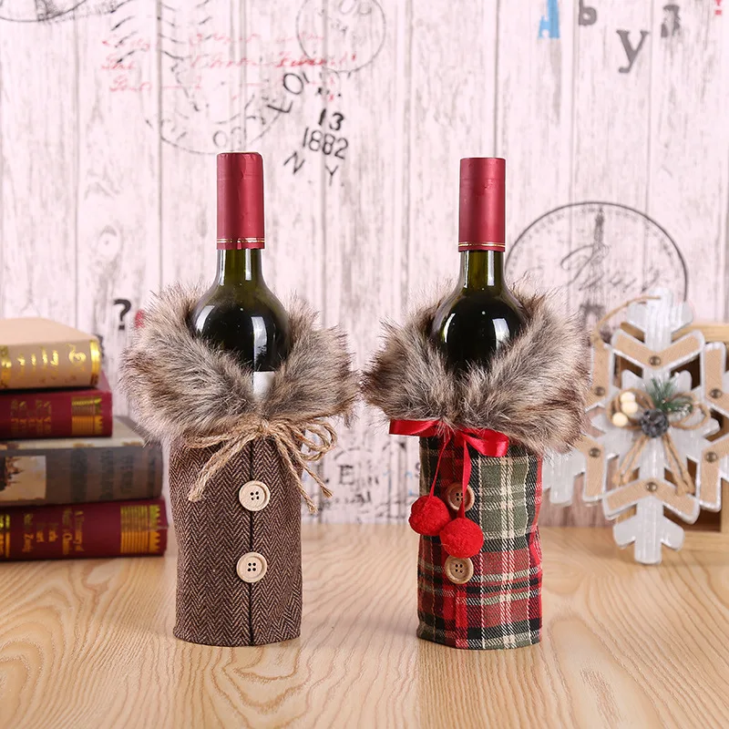 

Christmas Wine Bottle Cover Fur Collar Coat Design Decorative Bottle Sleeve Christmas Gifts Xmas Party Table Decorations