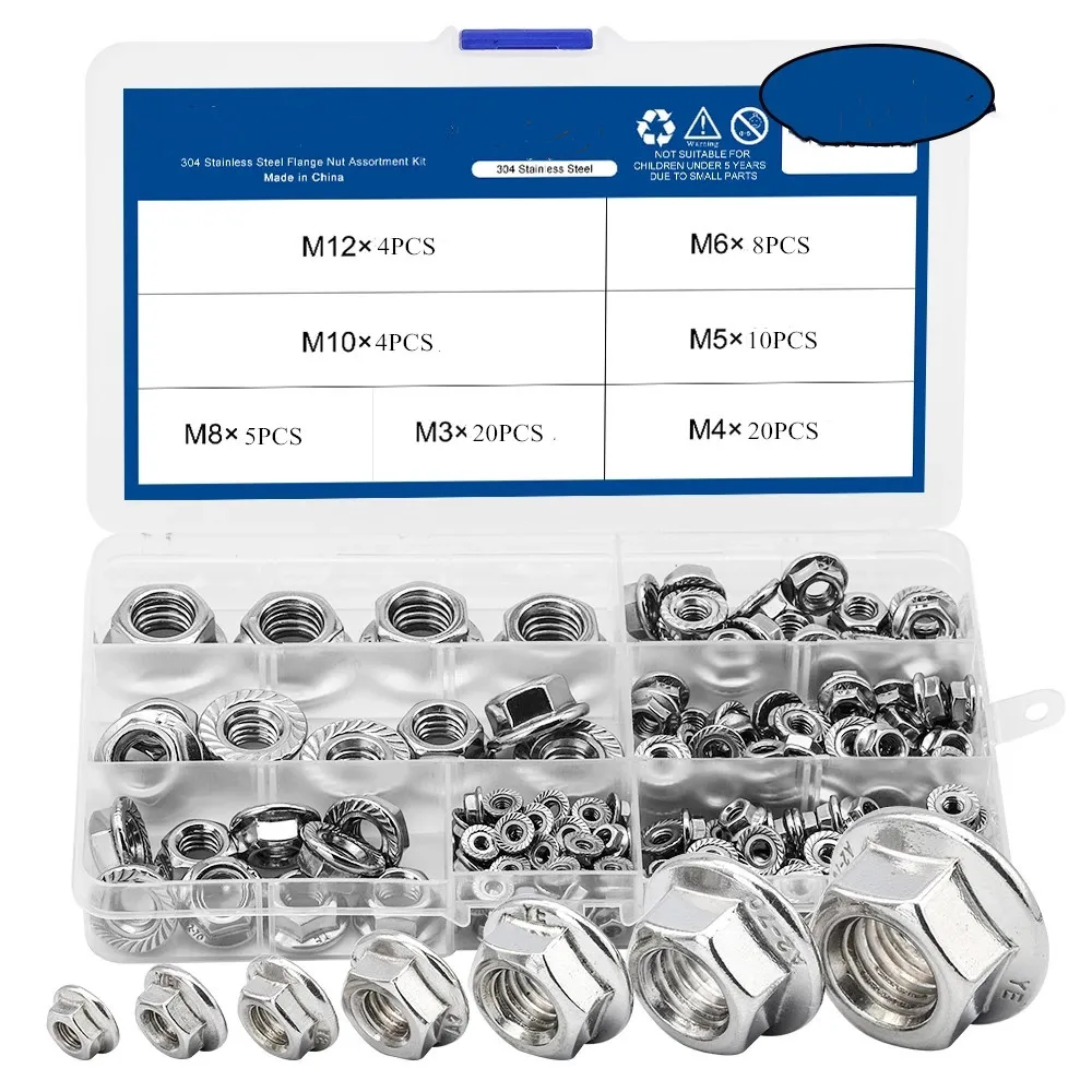 

304 Stainless Steel Metric Flange Nuts Set Hexagon Flange Nuts Assortment Kit M3 M4 M5 M6 M8 M10 M12 DIN6923 Automotive