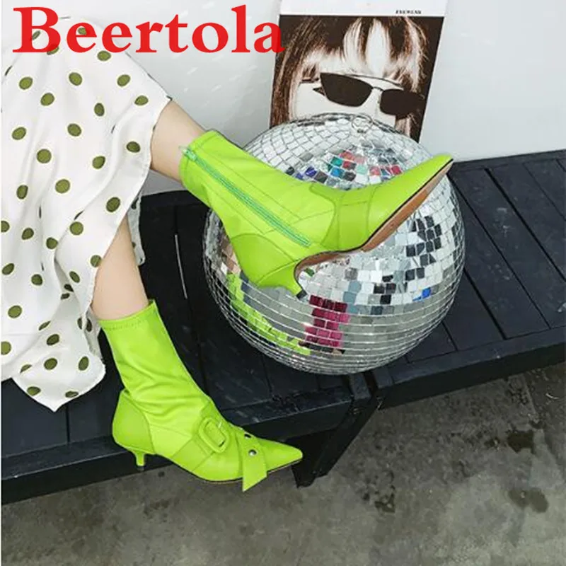 

New Retro Women's Mid-calf Boots Pointed Toe Buckle Belt Rivets Motorcycle Boots For Women Stretch Black Ligh Green Ladies Shoes
