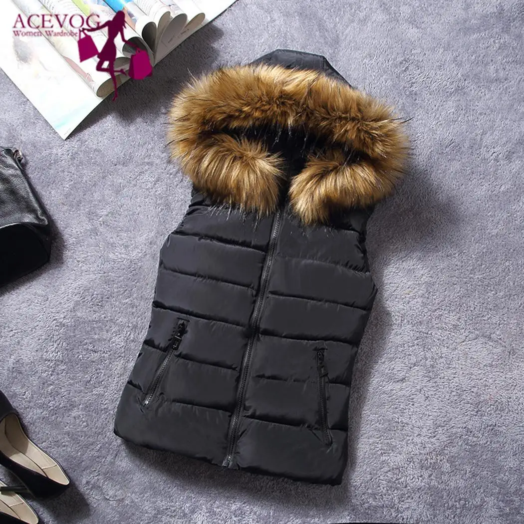 Women Casual Hooded Fur Collar Down Solid Zipper Vest Sleeveless Slim Coat Winter Pockets