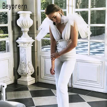 

Beyprern Elegant White Mesh Bandage Jumpsuit Chic Womens Ruffled Leather Patchwork Jumpsuit Overalls Party Catsuit Streetwears