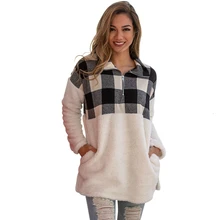 Пушистый пуловер с клетчатой деталью свитшоты спортивный костюм женский повседневный длинный рукав отложной воротник передняя молния топы укороченная толстовка