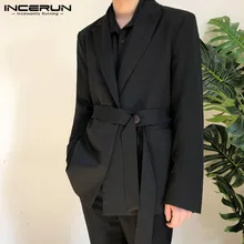 Incerun moda masculina casual blazers cor sólida coreano manga comprida lapela lazer terno com cinto bonito streetwear masculino blazer 7