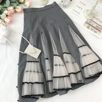 

2020 New Spring Romantic Fairy Pleated Mesh Splice Medium Long Skirt Women Retro High Waist A Line Skirt Ladies