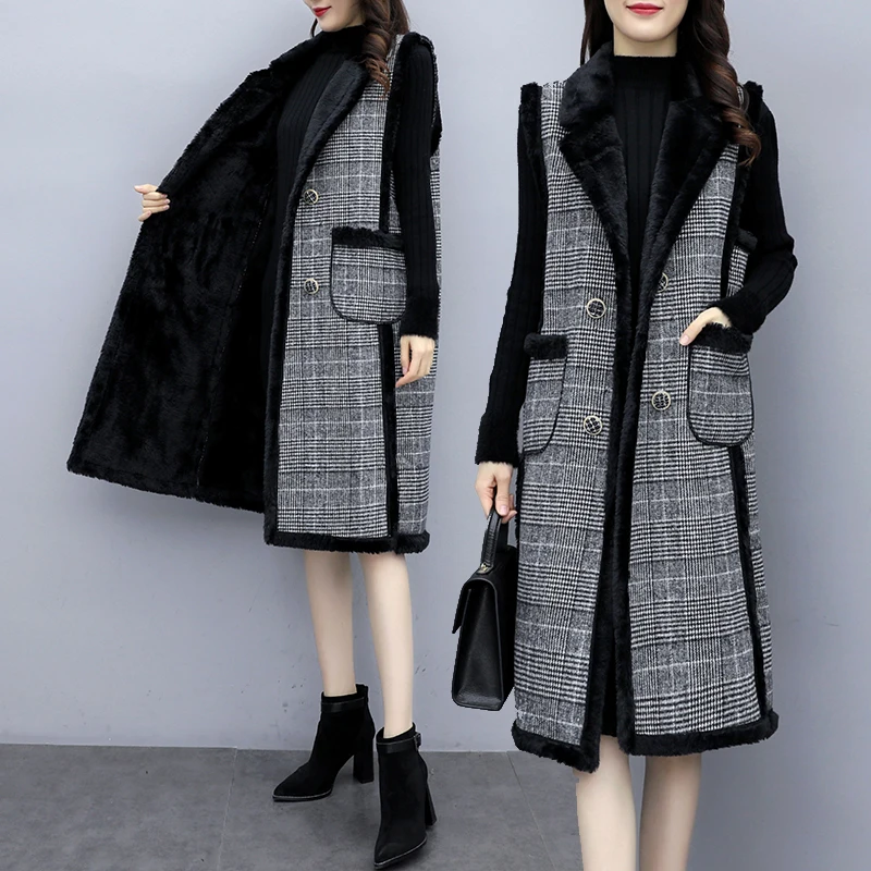 Осень Зима овечья шерсть клетчатая куртка жилет женский без рукавов теплый