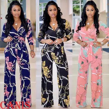 

2019 Fashion New Womens Playsuit Vintage Floral Print Long Sleeve V-Neck Jumpsuit Romper Slim Wide Leg Pant Outfits Playsuit Hot