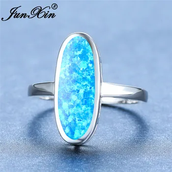 

Female Male Big Oval Blue White Fire Opal Ring Silver Color Rainbow Stone Wedding Engagement Ring Band Minimalist Jewelry