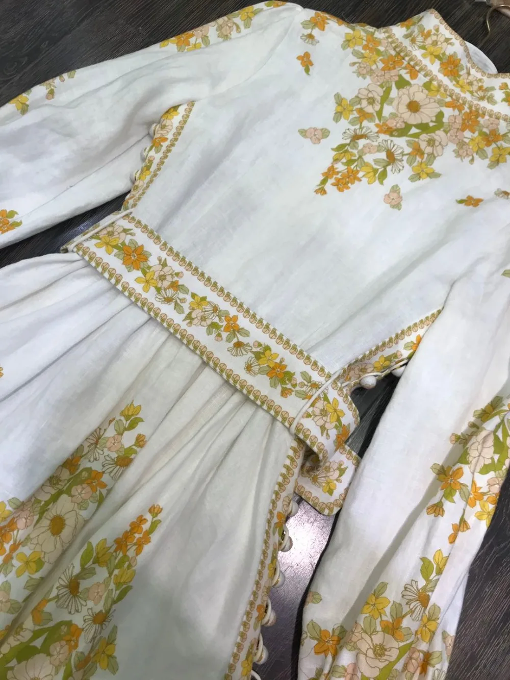 Весеннее Новое Женское льняное винтажное платье с принтом и пуговицами-фонариками с поясом