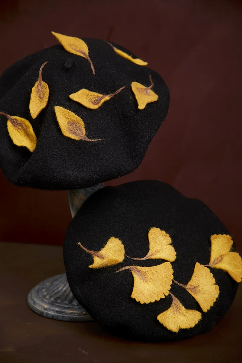 Ginkgo biloba, ручная работа, шерстяная осенняя и зимняя дикая черная шляпа, шляпа художника, творческие подарки